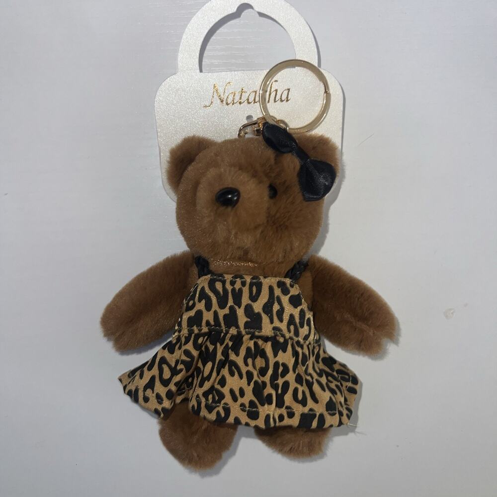 Natasha Brown Plush Bear Keychain w/ Leopard Print Dress & Bow, 5 in